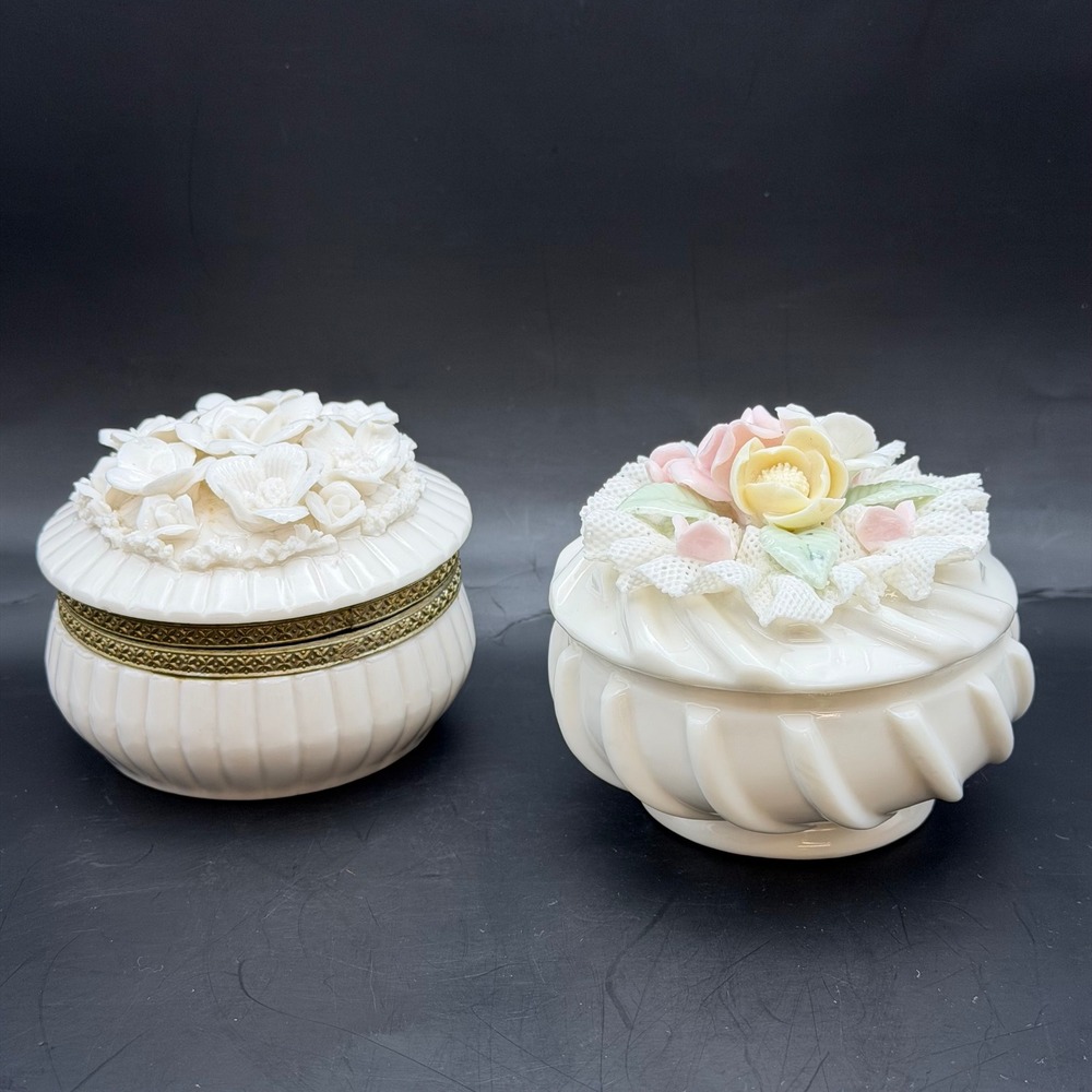 Vtg Ardalt Japan Porcelain Lace Trinket Box Set Floral Roses White Pink Jewelry